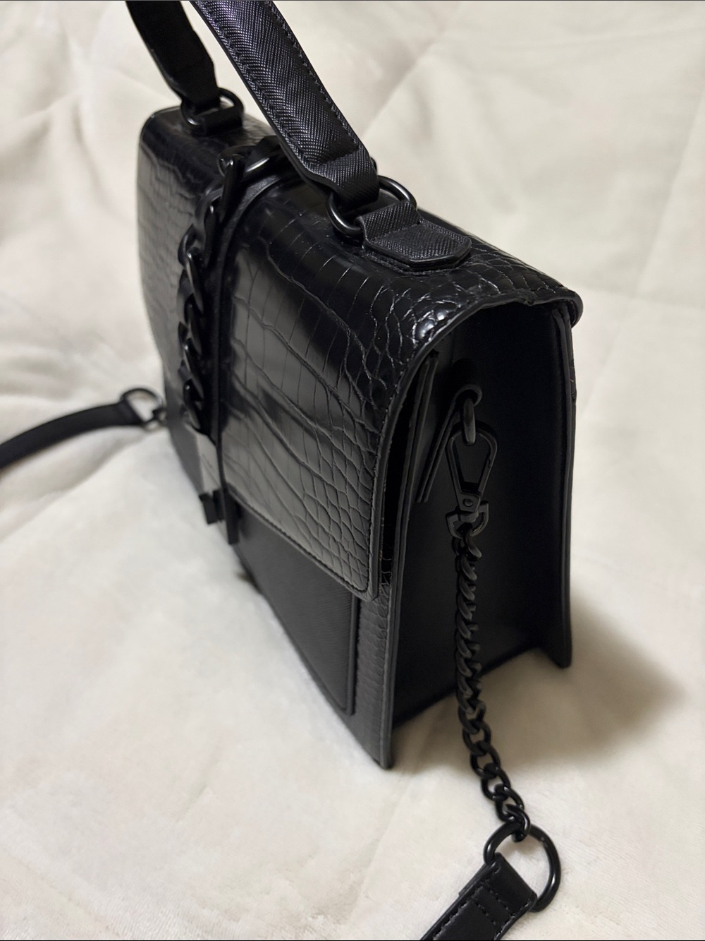 ALDO Black Croc-Embossed Top Handle Satchel with Chain Strap - Picture 4 of 11